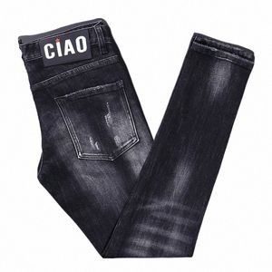 Street Fi Hommes Jeans Haute Qualité Rétro Noir Gris Élastique Slim Ripped Jeans Hommes Vintage Designer Marque Denim Pantalon Hombre s8V8 #