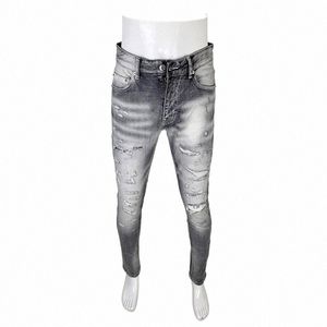 Street Fi Hommes Jeans Haute Qualité Rétro Gris Stretch Skinny Fit Trou Ripped Jeans Hommes Patché Designer Hip Hop Marque Pantalon g3GE #