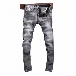 Street Fi Hommes Jeans Haute Qualité Rétro Gris Stretch Slim Fit Ripped Jeans Hommes Broderie Designer Vintage Denim Pantalon Homme V9ZT #