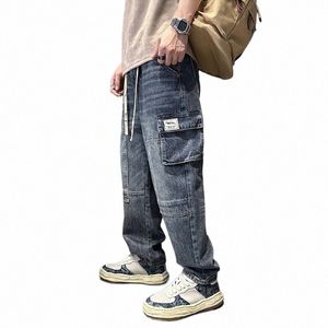 Street Fi Men Jeans Loose Fit Retro Blue Big Big Pocket Designer Denim Harem Jeans Men Straitement pantalon Hip Hop Pantalon de jambe large 03ir #