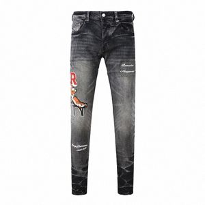 Street Fi Hommes Jeans Rétro Noir Gris Stretch Skinny Fit Marque Jeans Hommes Tigre Patché Designer Hip Hop Punk Pantalon Hombre 14Dk #