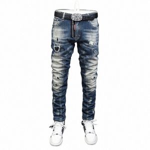 Calle Fi Hombres Jeans Retro Azul Elástico Estiramiento Slim Fit Ripped Jeans Hombres Empalmado Diseñador Hip Hop Denim Biker Pantalones Hombre Z9f1 #