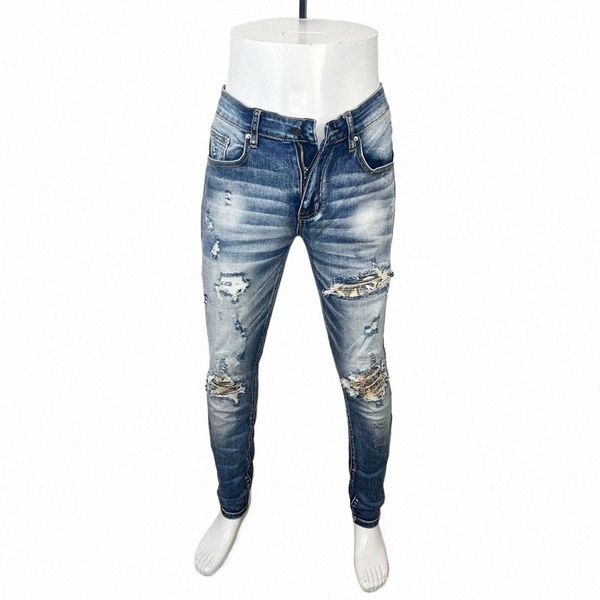 Street Fi Hommes Jeans Rétro Bleu Élastique Stretch Slim Fit Trou Ripped Jeans Hommes Patché Designer Hip Hop Denim Pantalon Hombre f8Dz #