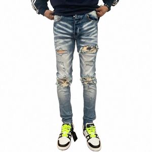 Straat Fi Mannen Jeans Retro Blauw Hoge Kwaliteit Stretch Skinny Butts Ripped Jeans Mannen Patched Designer Hip Hop Merk broek a9xb #