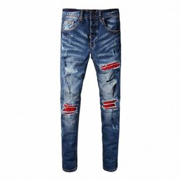 Calle Fi Hombres Jeans Retro Azul Oscuro Estiramiento Elástico Flaco Ajuste Ripped Jeans Hombres Rojo Parcheado Diseñador Hip Hop Marca Pantalones K6xV #