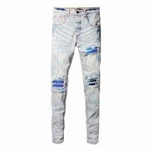 Street Fi Hommes Jeans Rétro Bleu Clair Butts Fly Stretch Skinny Fit Ripped Jeans Hommes Patché Designer Hip Hop Marque Pantalon 60JV #