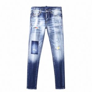Street Fi Hommes Jeans Rétro Bleu Clair Plaine Mer Élastique Slim Fit Ripped Jeans Hommes Patché Designer Hip Hop Marque Pantalon f7L1 #