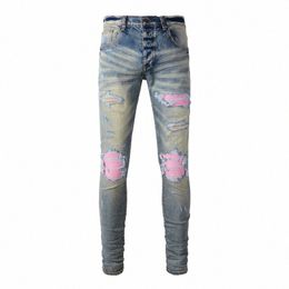 Street Fi Hommes Jeans Rétro Mer Bleu Élastique Stretch Skinny Fit Ripped Jeans Hommes Rose Patché Designer Hip Hop Marque Pantalon Y16N #