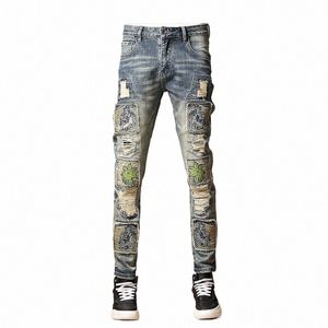 Street Fi Hommes Jeans Rétro Mer Bleu Stretch Skinny Fit Ripped Jeans Hommes Broderie Patché Designer Hip Hop Denim Pantalon f5SZ #