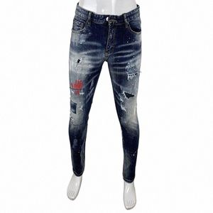 Street Fi Hommes Jeans Rétro Mer Bleu Stretch Skinny Fit Ripped Jeans Hommes Patché Broderie Designer Hip Hop Marque Pantalon F1Zo #