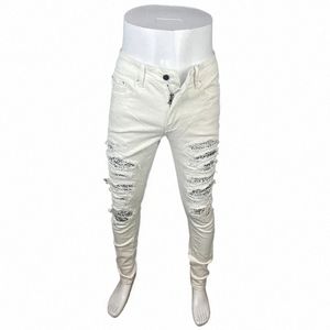 Street Fi Mannen Jeans Witte Kleur Elastische Stretch Skinny Ripped Jeans Mannen Bandana Patched Designer Hip Hop Merk Broek hombre V4hH #