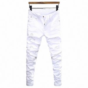 Street Fi Hommes Jeans Blanc Élastique Stretch Skinny Ripped Jeans Hommes Crâne Designer Zipper Patché Hip Hop Punk Pantalon Hombre K65k #