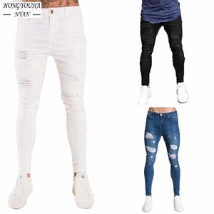 Street Fi Jeans Blanc Homme Haute Qualité Slim Cowboy Pantalon Hommes Ripped Jeans Bleu Skinny Stretch Denim Pantalon Pantalon de Jogging p9Bn #