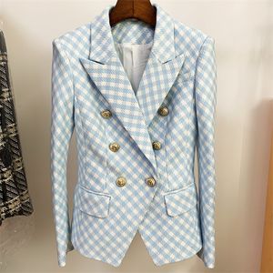 Street High Est Designer Jacket Dames Slim Fit Lion Buttons Dubbele borsten Tweed Plaid Blazer 220402