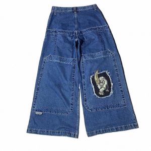 Street Hip Hop Retro Y2K Fi Casual Lâche Grande poche Jeans Harajuku Taille haute Jambe droite Pantalon large Pantalon Baggy H8sE #