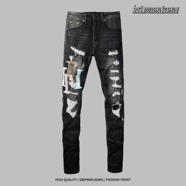 Jeans pour hommes tendance Street Hip-Hop avec lettre logo brodée, patchwork, effet vieilli coupé au couteau, look vintage lavé à l'eau, pantalon long élastique coupe slim