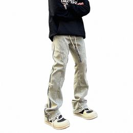 Jeans de rue pour hommes Y2K Cordon de serrage Taille élastique Slim Streetwear Hip Hop Pantalon zippé Été Fi Punk Pantalon en denim à jambes larges b0Qf #