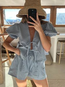 Street Plaid Print Shorts Pak Women Lace Up Hollow Out Shirt High Taille Wide Been Short Pant Sets Summer Lady Beach Set 240419