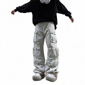 Street Populaire Blanc Multi-poches Salopette Hommes Harajuku Style Lâche Pantalon Décontracté Pantalon Droit Mop Pantalon Automne Nouveau 2022 U5BZ #