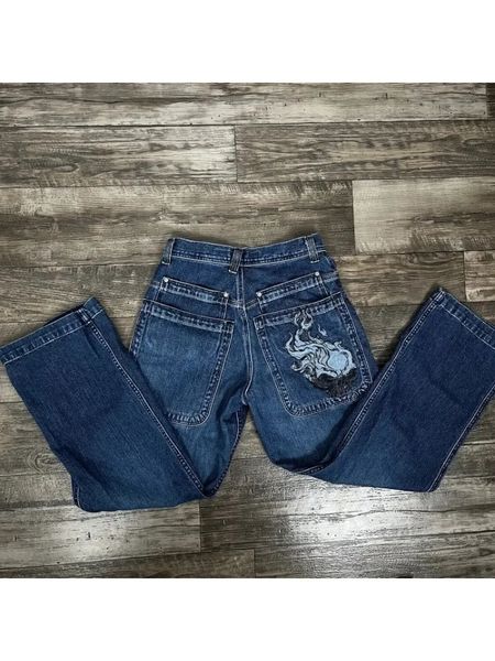 Rue Rétro Flamme Crâne Motif Brodé Jeans Occasionnels Femmes Y2K Hip Hop Taille Haute Jambe Droite Pantalon Large Denim Jeans 240126