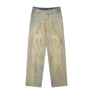 Street retro raw rand borduurwerk baggy jeans voor mannen mode hiphop patroon vrouwen patchwork hoge taille denim broek y2k 231220cjjj