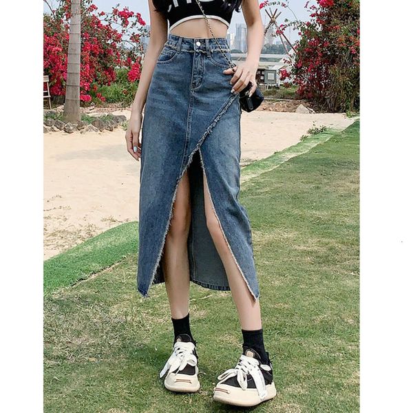 Calle Sexy Denim mujeres 2023 verano Retro coreano A-line apretado cadera paquete Color sólido alta cintura femenina falda larga