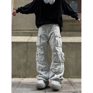 Pantalon Cargo multi-poches pour hommes, couleur unie, rétro, ample, blanc, décontracté, droit, surdimensionné, tendance Harajuku, 240116