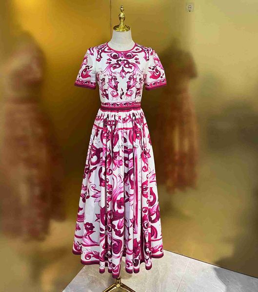 Vestidos de estilo callejero Vestidos casuales básicos Diseños de diseñadores de lujo europeos 2023 Marca de moda Serie de porcelana de flores rojas Vestido de cintura oscilante grande de algodón HKD230912