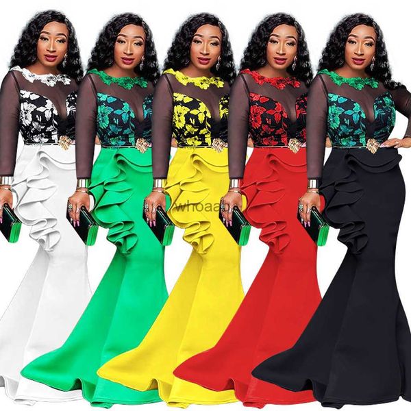 Robes de Style de rue maille transparente élégante longue Robe de soirée femmes sirène grande taille africain à volants dîner Maxi Robe Femme Vestiods Sexy HKD230912