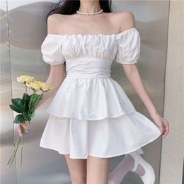 Robes de style de rue Volants Robes de robe de bal Femmes Sweet Mini Girlish Mode Style coréen Solide Princesse Tendre Manches bouffantes Robe d'été Femme N4gn