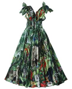 Street Style Jurken Runway Bos Dierenprint Groene Maxi-jurk Zomer Dames Strikband V-hals Hoge elastische taille Chiffon lange jurk 2023 HKD230912