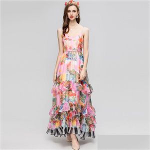 Street Style Dresses Dames Runway Dress Y V Neck Spaghetti Braps Floral Printed Tiered Ruffles Fashion Designer Holiday Long Vestido Dhjbi