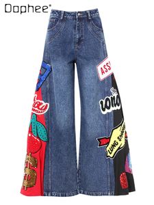 Street Style Graffiti Patch kralen jeans voor vrouwen lente lovertjes geborduurd grote wijd uitlopende wideleg broek 240419