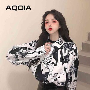 Style de rue à manches longues en mousseline de soie grande taille femmes Blouse chemises impression abstraite bouton Up dames Blouses femme 210521