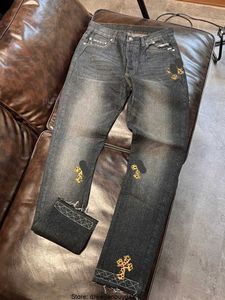 Street Trend Marque Ch Hommes Jeans Léopard Croix Broderie Rétro Slim Pantalons Décontractés Droits pour Hommes et Femmes9china UDTO