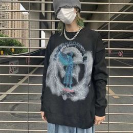 Street Trend Losse Paar Ronde hals Pullover Sweater Harajuku Lightning Statue Print Casual Modieuze Oversized Sweater Dames 211014