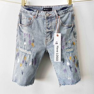 Street Trend Mens Fur Rand spattende inkt verfheren shorts met slanke pasvorm en gat patch denim shorts