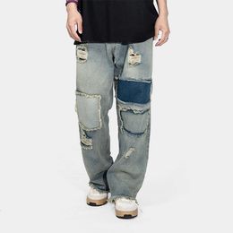 Street Trendy Jeans desgastados para hombres y mujeres, Punk Street Hip-hop Trendy Brand Loose Oversize, Niche Long Pants para hombres