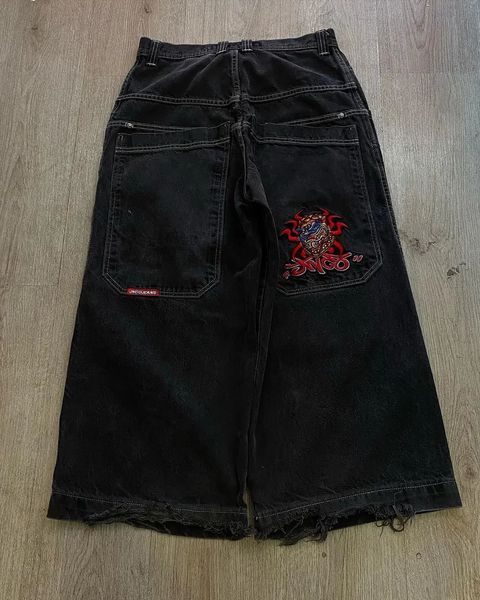 Modèle de broderie vintage de rue Y2K Jeans baggy large jambe largement surdimensionné en denim Hip Hop Goth Black Low Rise Pantalons Men Femmes 240429