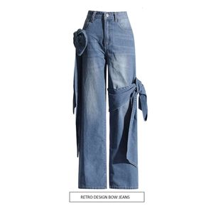 Street Washed Casual broek 2024 Lente Nieuw Design Sense Splicing Strap Hoge taille Jeans met rechte pijpen voor dames