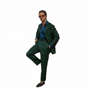 Street Wear Vert Foncé Hommes Costumes Slim Fit 2 Pièces Deux Butts Taille Personnalisé Casual Blazer Ensembles Costume Pour Hommes De Mariage Marié Tuxedo T05x #