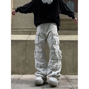 Street White Multipocky Overalls Mens Harajuku Style Losse casual broek rechte dweilbroek Autumn 240326