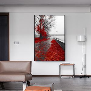 Straat met rode esdoornbladeren schilderij canvas print muur kunst foto voor woonkamer woning decor muur decoratie frameless