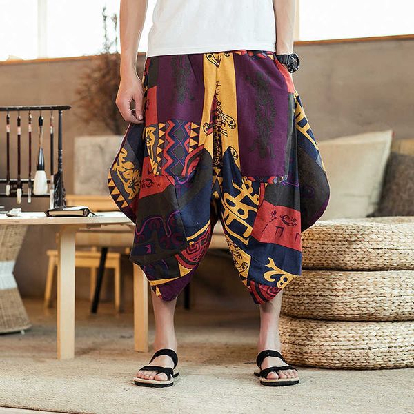 Streetwear 2020 verano hombres pantalones de chándal algodón Lino estampado suelto gota entrepierna Harem Jogger pantalones casuales hombres de talla grande X0723