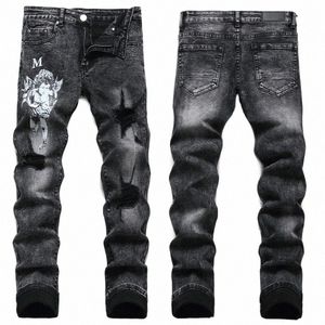 streetwear Ange Imprimer Lettre Jeans Noir Slim Ripped Stretch Skinny Jeans Highstreet Biker Denim Pantalons Hommes Marque Vêtements D4a1 #