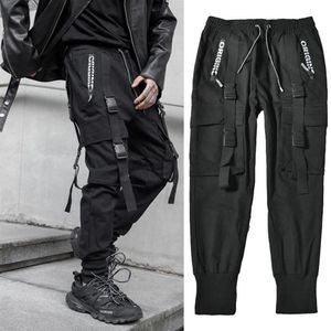 Streetwear noir sarouel survêtement pantalon hommes Hip Hop poches rubans pantalons de survêtement hommes pantalon décontracté mince Cargo pantalon pour Man291g