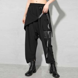 Streetwear Noir Casual Casual Pantalon Pantalon Patchwork Patchwork Cross-Pantalon Coréen Fashion Taille élastique Pantalon 13A226 210525