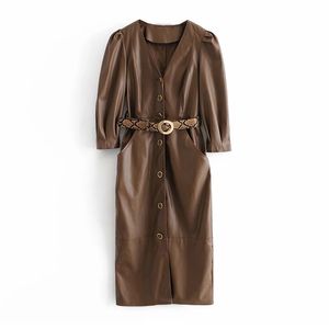 Streetwear Brown Color PU lederen jurk vrouwen v-hals chic Midi met riem bladerdeeg mouw stijlvolle dame rechte es 210430
