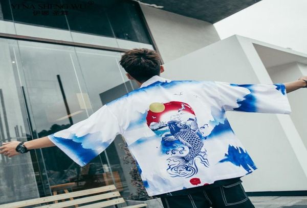 Ropa de calle Cárdigan Cabo Haori Chaqueta kimono Blanco Azul Tradicional Top Abrigo de playa Estampado Japonés Harajuku Mujeres Hombres Estilo Pescado Et1480872