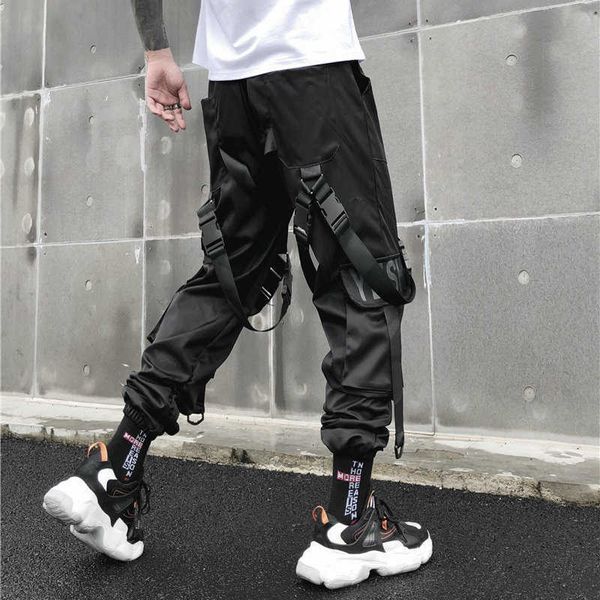 Streetwear Cargo pantalon hommes Harajuku pantalon tactique ruban multi-poches pantalon femmes taille élastique HipHop mâle noir pantalon X0723